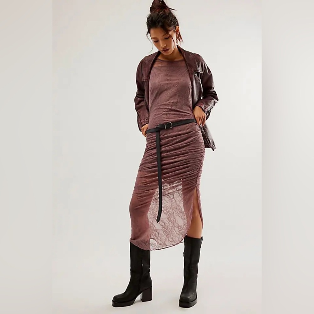 Free People Mauve Ruched Midi Lace Skirt Dress